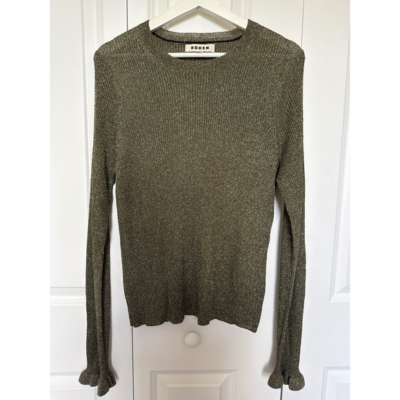 Boden Sweaters - Boden Olive Green Metallic Thread Sweater Sz XL Ruffle Sleeves Semi Sheer Luxury
